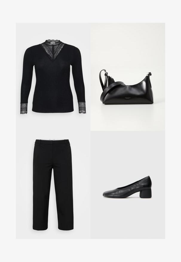 Bluza neagră cu mâneci lungi, dintr-un material texturat cu riburi, având accente din dantelă la decolteu și la mansetele mânecilor, cu un design în formă de V al decolteului.; Pantaloni negri cu croială dreaptă, având o textură netedă, două buzunare laterale și un talie cu bucle. Fără închideri vizibile.; Pantofii din piele neagră au un vârf rotund și un toc de tip bloc de înălțime medie. Au o textură netedă, cu detalii minime, având o deschidere elastică subtilă.; Geantă de umăr din piele neagră, cu o textură netedă. Dispune de o curea ajustabilă și un design elegant, minimalist, cu închidere cu fermoar.