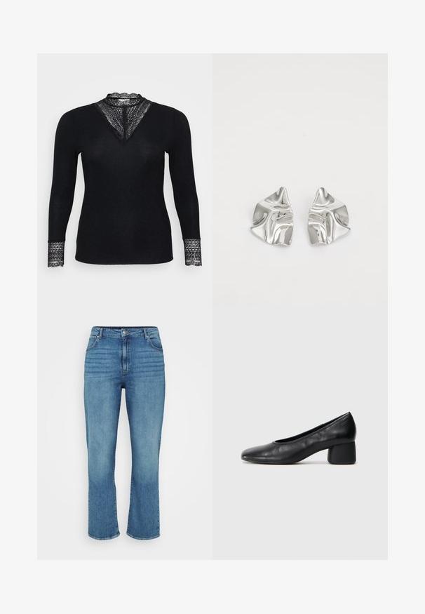 Juoda ilga rankovė palaidinė su briaunotu tekstūru, papuošta nėrinių akcentais prie iškirptės ir rankogalių, taip pat su V formos iškirpte.; Šviesiai mėlynos džinsinės kelnės su tiesiu kojų kirpimu, turinčios penkias kišenes, diržo kilpas ir subtiliai išblukusius priekinius šonus.; Juodai odiniai aukštakulniai batai su apvaliu pirštu ir vidutiniu bloku. Lygi tekstūra su minimaliu apdailos, turinčia subtilų elastingą atidarymą.; Sidabriniai metaliniai Auskarai su banginiu, skulptūriniu dizainu, pasižymintys poliruotu paviršiumi ir nereguliariomis formomis, išryškinančiomis šiuolaikišką estetiką.