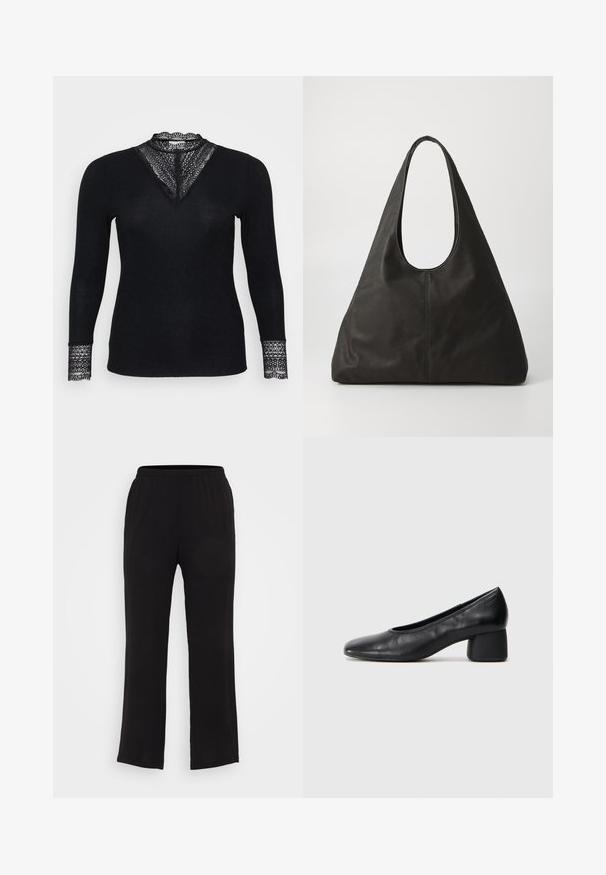 Zwarte longsleeve top met een geribbelde textuur, voorzien van kantaccenten bij de halslijn en mouwboorden, en een V-vormig halsontwerp.; Zwarte, lichtgewicht, elastische broek met een rechte pijp. Soepele textuur, geen zichtbare patronen of hardware-details.; Zwarte leren pump met een ronde neus en een middenblokhak. Glad textuur met minimale details, voorzien van een subtiele elastische opening.; Zwarte leren tote bag met een gebogen handvat, langwerpige driehoekige vorm en een zachte textuur. Kenmerkt zich door een minimalistisch ontwerp zonder zichtbare hardware.; Zilveren metalen oorbellen met een golvend, sculpturaal ontwerp, voorzien van een gepolijste afwerking en onregelmatige vormen, die een hedendaagse esthetiek benadrukken.
