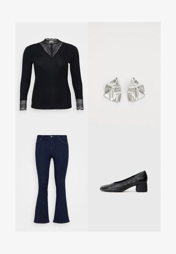 Top negro de mangas largas con textura acanalada, que presenta detalles de encaje en el escote y en los puños de las mangas, y un diseño de escote en forma de V.; Jeans de mezclilla de tiro alto en azul oscuro, con un ajuste ceñido en los muslos y un ligero acampanado en la parte inferior, que cuentan con bolsillos frontales y cierre de botón.; Zapato de tacón negro en piel con punta redonda y tacón bloque medio. Textura suave con un detalle minimalista, que incluye una sutil abertura elástica.; Pendientes de metal plateado con un diseño ondulado y escultórico, que presentan un acabado pulido y formas irregulares, destacando una estética contemporánea.