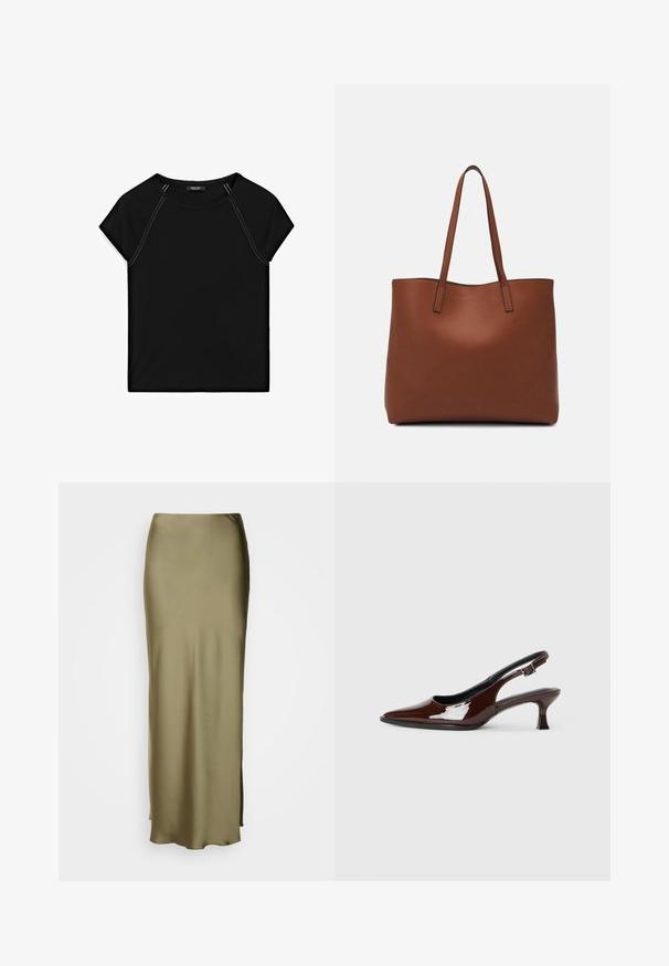 Czarny top z krótkim rękawem z okrągłym dekoltem i kontrastowym białym szyciem wzdłuż ramion i boków. Miękka, gładka tkanina.; Lindex MARY zielony; Brązowe lakierowane skórzane buty na obcasie typu slingback z ostrym noskiem i umiarkowanym obcasem. Posiadają pasek z klamrą dla zapewnienia stabilnego dopasowania. Gładka tekstura.; Brązowa skórzana torba tote o gładkiej fakturze, z otwartym wierzchem i dwoma ramiączkami. Charakteryzuje się minimalnym przeszyciem i brakiem widocznych elementów metalowych.