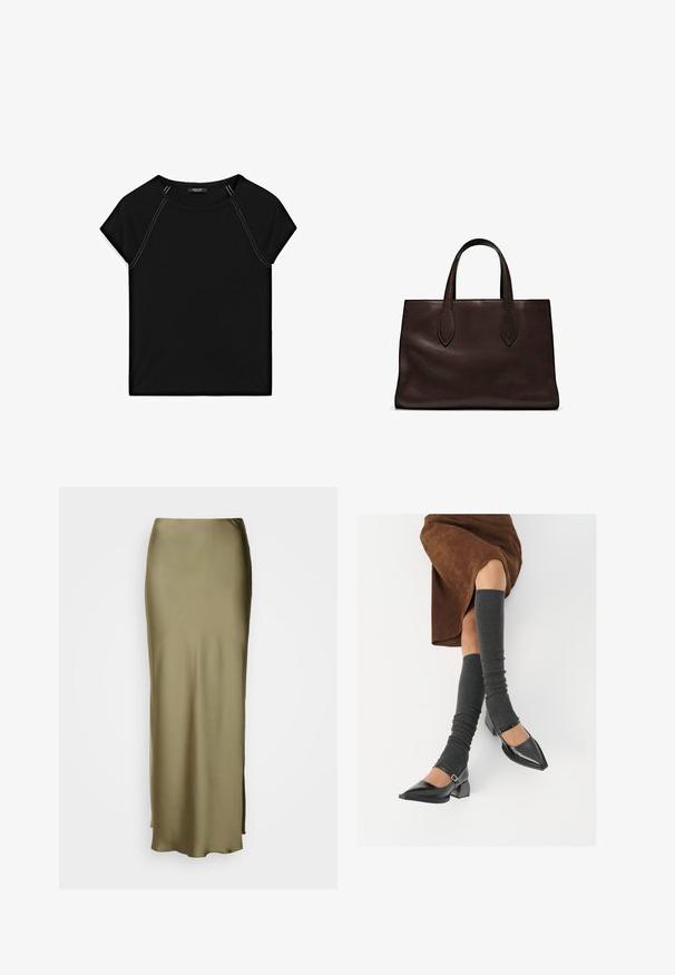 Top nero a maniche corte con scollatura rotonda e cuciture bianche in contrasto lungo le spalle e i lati. Tessuto morbido e liscio.; Lindex SKIRT MARY - Gonna lunga - dusty green; Scarpe nere in pelle verniciata con punta affilata, tacco a blocco e cinturino alla caviglia, abbinate a scaldamuscoli grigi a coste e una gonna in suede marrone.; Borsa a spalla in pelle marrone con due manici lunghi, forma rettangolare strutturata, texture liscia e dettagli di cucitura sottili.