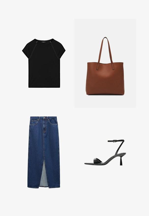 Sort kortærmet top med rund halsudskæring og kontrastfarvet hvid syning langs skuldre og sider. Blødt, glat stof.; Mango AIDA - Maxinederdele - dark blue; Bershka Højhælede sandaletter / Højhælede sandaler - black; Brun læder tote taske med en glat overflade, åben topdesign og to skulderremme. Har minimal syning og ingen synlig hardware.