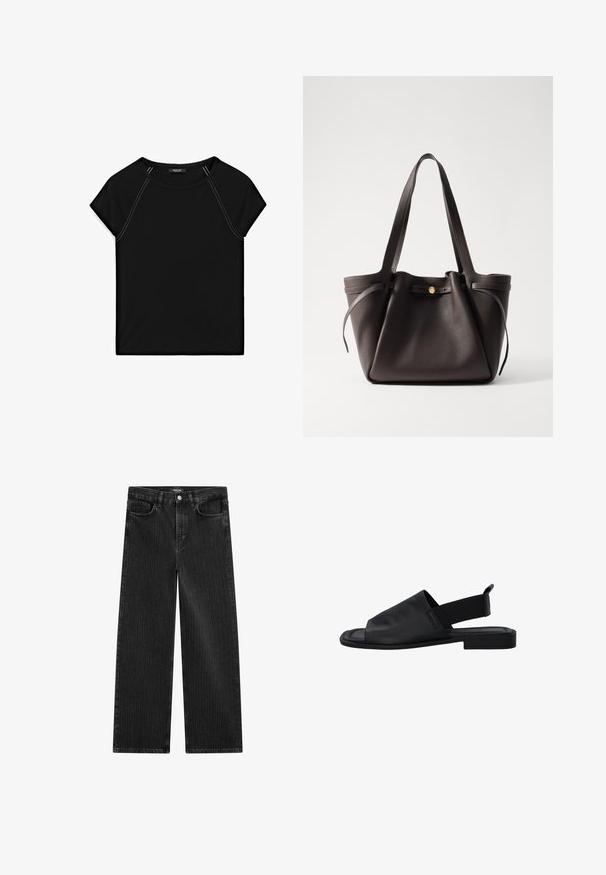 Schwarzes Kurzarmoberteil mit rundem Halsausschnitt und kontrastierendem weißen Nähten an den Schultern und Seiten. Weicher, glatter Stoff.; Weite schwarze Denim-Jeans mit feinem vertikalen Streifenmuster, ausgestattet mit einem Fünf-Taschen-Design und einem klassischen Knopfverschluss an der Taille.; Schwarze Leder-Slingback-Sandale mit einem elastischen Band, offener Zehenpartie und flacher Sohle. Sie zeichnet sich durch eine glatte Textur und ein minimalistisches Design aus.; Dunkelbraune Leder-Tote mit zwei stabilen Griffen, einer gerafften Oberseite und einem Verschluss aus goldfarbenem Metall. Strukturierte Oberfläche mit minimalen Akzenten.