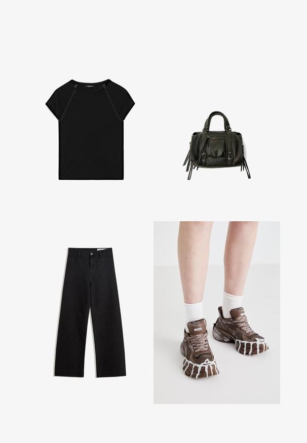 Svart kortärmad topp med rund halsringning och kontrasterande vit sömnad längs axlarna och sidorna. Mjuk, slät tyg.; Svarta vida denimbyxor med hög midja, med fram- och bakfickor, sydda sömmar och knappstängning. Slät textur.; Bruna nät-sneakers har kraftiga sulor med en vit droppdesign, texturerade snören och varumärkesdetaljer på hälen. Vita strumpor syns ovanför.; Svart läderhandväska med flätade handtag, dragkedjefack och hängande pom poms. Texturerad yta med metallnitar och hårdvaruaccenter.