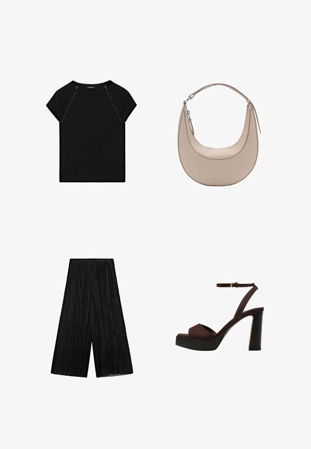 Sort kortærmet top med rund halsudskæring og kontrastfarvet hvid syning langs skuldre og sider. Blødt, glat stof.; Sorte plisserede bukser med bred benvidde lavet af et tekstureret stof, der har en høj talje og en flydende silhuet. Ingen synligt hardware eller detaljer.; Brune ruskinds højhælede sandal med åben tå, justerbar ankelrem og en stribet plade sål.; Beige læder skuldertaske med en halvmåneform, glat overflade og et enkelt buet håndtag. Har en lynlåslukning og pæne syninger.
