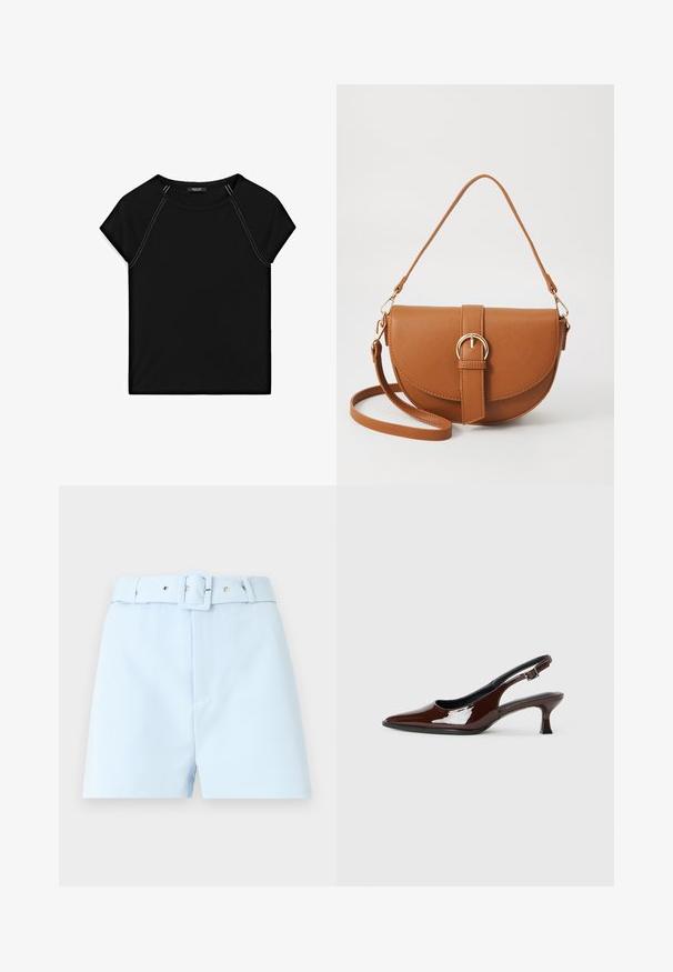 Black short-sleeve top featuring a round neckline and contrast white stitching along the shoulders and sides. Soft, smooth fabric.; Light blue shorts with a belted waist, featuring a square buckle and metal hardware accents. Smooth fabric, tailored cut, and pleated front.; Brown patent leather slingback shoe with a pointed toe and a moderate heel. Features a buckle strap for secure fit. Smooth texture.; Brown leather crossbody bag with a curved shape, gold hardware, and a buckle accent. Features a detachable shoulder strap.