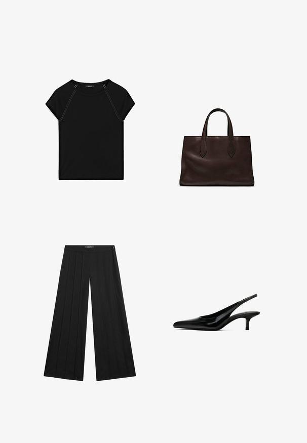 Svart kortärmad topp med rund halsringning och kontrasterande vit sömnad längs axlarna och sidorna. Mjuk, slät tyg.; Svarta vida byxor har ett högt midjeband med veck, slät textur och en minimalistisk design. Dragkedja på sidan.; Svart spetsig slingback-sko med en glansig läderfinish och en tunn, låg klack. Har en utskärning på sidan för andningsförmåga.; Brun läder tote-väska med två avlånga handtag, strukturerad rektangulär form, slät textur och subtila sömdetaljer.