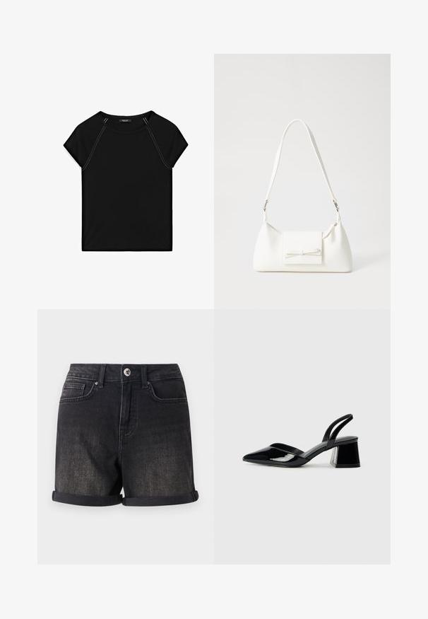 Zwarte top met korte mouwen, voorzien van een ronde halslijn en contrasterende witte stiksels langs de schouders en zijkanten. Zachte, gladde stof.; Zwarte denim shorts met een opgerolde zoom, vijf zakken en een voorste knoopsluiting. De stof heeft een licht vervagende afwerking.; Zwarte gepatineerde leren slingback hakken met een spitse neus en een geometrische blokhak. Kenmerkt zich door een slank, minimalistisch ontwerp en een gladde textuur.; Witte synthetische handtas met een driehoekige vorm, platte voorklep en strikdetail, verstelbare schouderriem, gladde textuur en minimalistisch ontwerp.