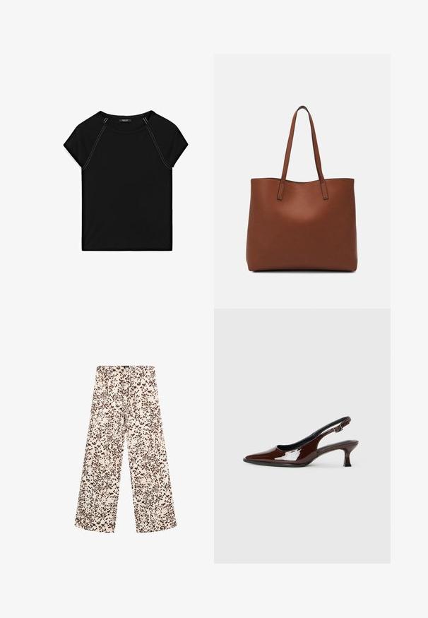 Black short-sleeve top featuring a round neckline and contrast white stitching along the shoulders and sides. Soft, smooth fabric.; Wide-leg pants in a light cream fabric with a brown spotted pattern. Features a drawstring waist and a smooth, soft texture.; Brown patent leather slingback shoe with a pointed toe and a moderate heel. Features a buckle strap for secure fit. Smooth texture.; Brown leather tote bag with a smooth texture, open top design, and two shoulder straps. Features minimal stitching and no visible hardware.
