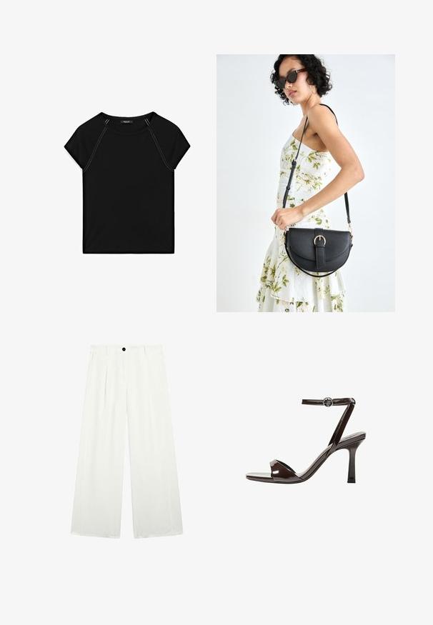Schwarzes Kurzarmoberteil mit rundem Halsausschnitt und kontrastierendem weißen Nähten an den Schultern und Seiten. Weicher, glatter Stoff.; Weite Hosen aus weißem Stoff, mit einem einzelnen schwarzen Knopf an der Taille, zwei Fronttaschen und einer glatten, klaren Textur.; Braune Lackleder-High-Heelsandale mit einem Knöchelriemen, offener Zehenpartie und einem schlanken, minimalistischen Design. Verfügt über einen quadratischen Absatz.; Schwarze Lederhandtasche mit geschwungener Form, abnehmbarem Tragegurt und goldenen Beschlägen. Die Tasche verfügt über einen Deckel mit einer Schnallen-Details.
