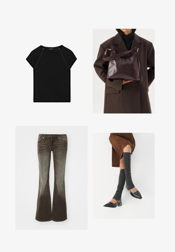 T-shirt noir à manches courtes avec un col rond et des coutures blanches contrastantes le long des épaules et des côtés. Tissu doux et lisse.; Jean évasé en tissu gris foncé avec une finition délavée. Comprend cinq poches, une fermeture à bouton à l'avant et des détails de couture subtils.; Chaussures à bout pointu en cuir verni noir avec un talon bloc et une bride à la cheville, accompagnées de jambières en maille grise et d'une jupe en daim marron.; Personne portant un manteau brun foncé tenant un sac à main en cuir verni bordeaux sombre avec une bandoulière réglable, devant un fond clair.