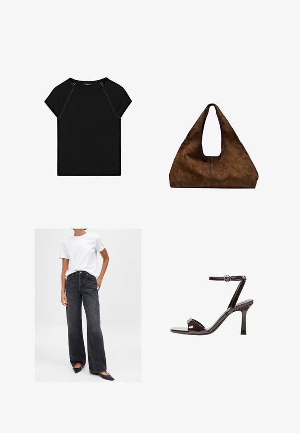 Zwarte top met korte mouwen, voorzien van een ronde halslijn en contrasterende witte stiksels langs de schouders en zijkanten. Zachte, gladde stof.; Zwarte wijde jeans met een hoge taille, vijf zakken en subtiele whiskering. Gecombineerd met een eenvoudige witte t-shirt en zwarte puntige flats.; Bruine gepatenteerde lederen sandaal met hoge hak, enkelbandje, open teen, en een strak, minimalistisch ontwerp. Voorzien van een vierkante hak.; Bruine suède schoudertas met een open bovenkant. Heeft een diepe, brede vorm, een uitsnijdend handvat en een minimale stiksels voor een strak ontwerp.