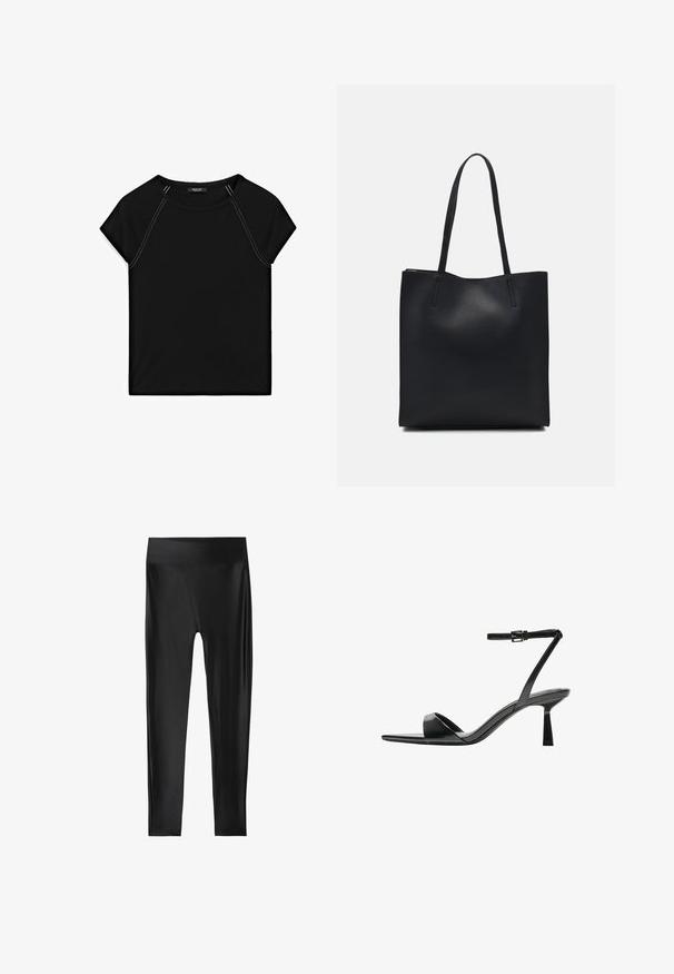 Schwarzes Kurzarmoberteil mit rundem Halsausschnitt und kontrastierendem weißen Nähten an den Schultern und Seiten. Weicher, glatter Stoff.; Schwarze Leggings mit einer glatten, glänzenden Textur, hoch geschnitten und in voller Länge, ohne sichtbare Muster oder Akzente.; Bershka High Heel Sandalette - black; Schwarze Laptoptasche aus Leder mit glatter Textur, rechteckiger Form und zwei langen Griffen. Keine sichtbaren Beschläge oder Verzierungen.