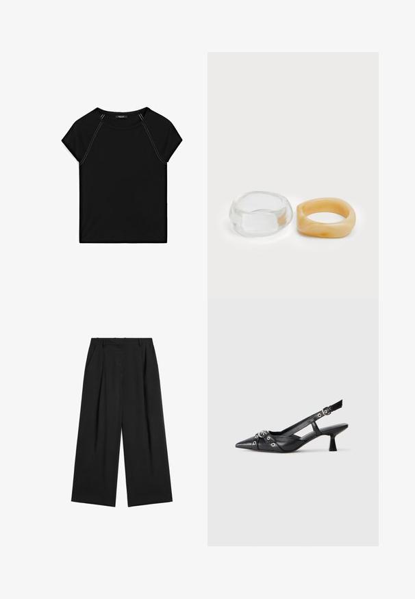 Czarny top z krótkim rękawem z okrągłym dekoltem i kontrastowym białym szyciem wzdłuż ramion i boków. Miękka, gładka tkanina.; Czarne spodnie o szerokich nogawkach z plisowanym przodem, wykonane z lekkiego materiału. Posiadają wysoki stan i gładką teksturę. Brak widocznych ozdób.; Czarne skórzane buty typu slingback z ostrym noskiem, ozdobnymi paskami z metalowymi oczkami oraz niskim klinowym obcasem. Teksturowana powierzchnia.; Jasne i bursztynowe pierścionki z żywicy, jeden gładki i przezroczysty, drugi z teksturowanym, bursztynowym wykończeniem. Oba mają zaokrąglone, masywne kształty.