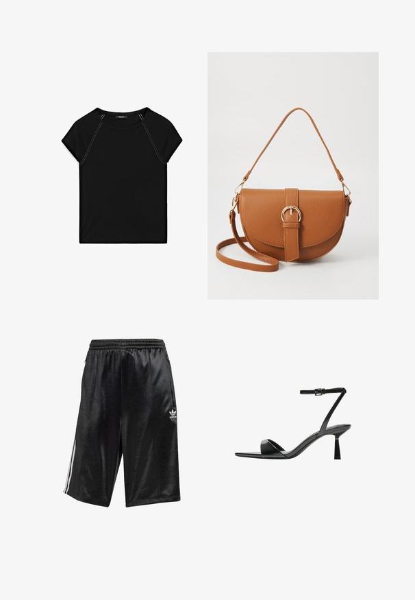 Svart kortärmad topp med rund halsringning och kontrasterande vit sömnad längs axlarna och sidorna. Mjuk, slät tyg.; Svarta atletiska shorts i mjukt tyg, med dragsko i midjan, sidofickor och tre vita ränder längs sidorna.; Bershka Sandaletter - black; Brun läder crossbody-väska med en böjd form, gyllene detaljer och en spänneaccent. Har en avtagbar axelrem.