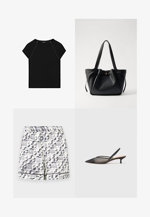 Black short-sleeve top featuring a round neckline and contrast white stitching along the shoulders and sides. Soft, smooth fabric.; White shorts featuring a black abstract pattern, elastic waistband, and solid black trim along the hem. Made from a lightweight fabric.; NEOUS IRENA - Classic heels - black; Black leather tote bag with two long straps, a cinched top, and a gold circular accent. Smooth texture with a minimalist design.