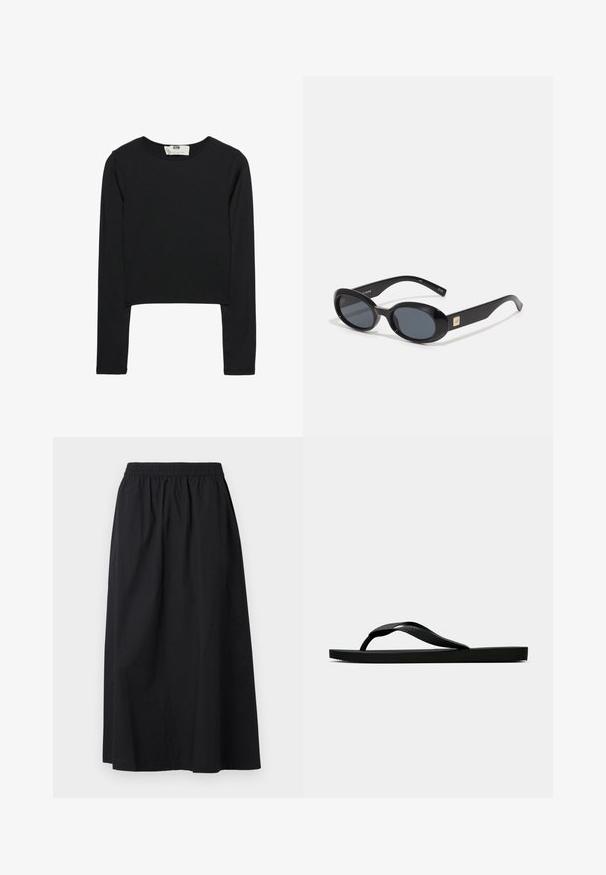 Čierny crop top s dlhým rukávom vyrobený z ľahkej látky, s okrúhlym výstrihom a priliehavým strihom, s čistými švami a bez ozdôb.; Čierna maxi sukňa vyrobená z ľahkého materiálu s elastickým pásom a hladkou textúrou. Má jednoduchý, čistý dizajn bez ozdôb.; Čierne gumené žabky s textúrovaným popruhom a jednoduchou plochou podrážkou, zobrazené z boku na jednofarebnom svetlom pozadí.; Čierne oválne slnečné okuliare s tmavými sklami, lesklý plastový rám, široké ramená a malý zlatý akcent na jednej strane.