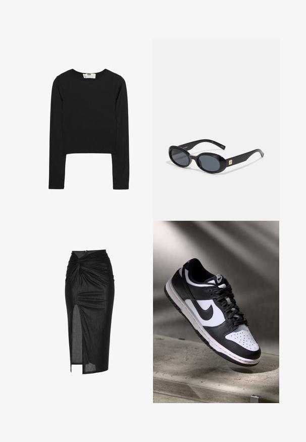Schwarzes Langarm-Crop-Top aus leichtem Stoff, mit rundem Ausschnitt und taillierter Silhouette, sauberen Nähten und ohne Verzierungen.; Schwarzer Midi-Rock aus dehnbarem Stoff, mit einem verdrehten Frontdesign, seitlichem Schlitz und Reißverschluss auf der Rückseite.; Schwarz-weißer Nike Dunk Low Sneaker mit Lederobermaterial, perforiertem Zehenbereich und schwarzen Schnürsenkeln, ausgestattet mit einer weißen Sohle und Logo-Akzenten.; Schwarze ovale Sonnenbrillen mit dunklen Gläsern, glänzendem Kunststoffrahmen, breiten Bügeln und einem kleinen goldenen Akzent auf einer Seite.
