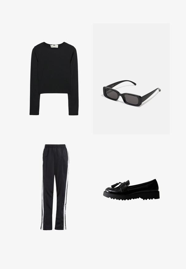 Czarny długi rękaw crop top wykonany z lekkiego materiału, z okrągłym dekoltem i dopasowanym krojem, z czystymi szwami i bez ozdób.; Czarne spodnie dresowe z białymi paskami po bokach, elastycznym paskiem w talii i naszywką z logo. Wykonane z gładkiego, lekkiego materiału. Prosta nogawka.; Czarne lakierowane mokasyny z grubą podeszwą, z ozdobą w postaci frędzli i zaokrąglonym noskiem. Trwała konstrukcja o gładkiej fakturze.; Czarne prostokątne okulary przeciwsłoneczne z ciemnymi szkłami, błyszczącym wykończeniem, szerokimi zausznikami i masywną konstrukcją. Wygrawerowana nazwa marki na jednym z zauszników.