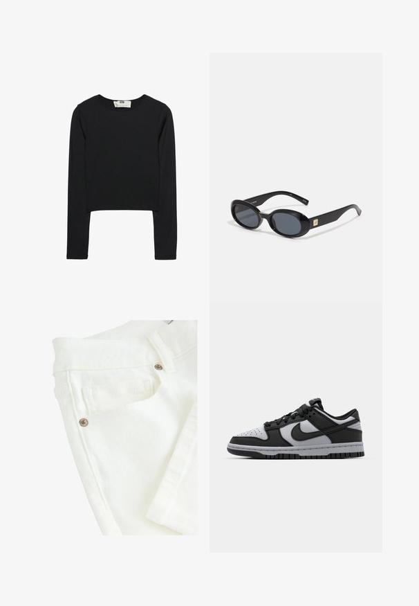 Crop top nero a maniche lunghe realizzato in tessuto leggero, con scollo rotondo e silhouette aderente, caratterizzato da cuciture pulite e senza decorazioni.; Jeans in denim bianco con una texture liscia, dotati di una vita con doppia cucitura, tasche frontali e dettagli in hardware metallico.; Sneaker basse Nike Dunk in nero e grigio con punta forata, dettagli in pelle liscia e suola in gomma con pattern testurizzato.; Occhiali da sole ovali neri con lenti scure, montatura in plastica lucida, aste larghe e un piccolo accent in oro su un lato.