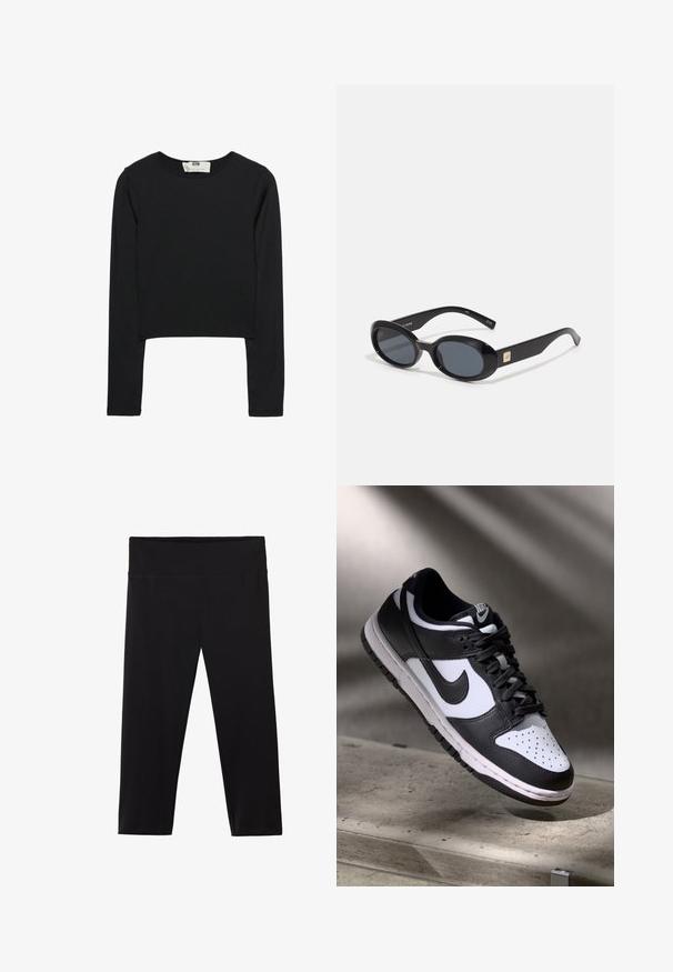 Černý crop top s dlouhými rukávy vyrobený z lehkého materiálu, s kulatým výstřihem a přiléhavým střihem, s čistými švy a bez ozdob.; Černé legíny vyrobené z elastického materiálu s vysokým, širokým pasem. Hladký povrch bez viditelných vzorů nebo kovových detailů.; Černobílé tenisky Nike Dunk Low s koženým svrškem, perforovanou špičkou a černými tkaničkami, s bílou podrážkou a akcenty loga.; Černé oválné sluneční brýle s tmavými skly, lesklým plastovým rámem, širokými stranami a malým zlatým detailem na jedné straně.