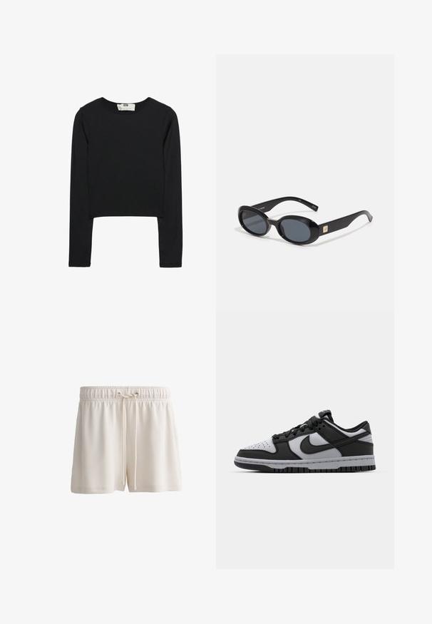 Schwarzes Langarm-Crop-Top aus leichtem Stoff, mit rundem Ausschnitt und taillierter Silhouette, sauberen Nähten und ohne Verzierungen.; Cremfarbene Shorts aus weichem Material, mit einem elastischen Bund und Kordelzug sowie einem schlichten Saumdesign.; Schwarze und graue Nike Dunk Low-Top-Sneaker mit perforierter Zehenpartie, glatten Lederakzenten und Gummisohle mit strukturiertem Profil.; Schwarze ovale Sonnenbrillen mit dunklen Gläsern, glänzendem Kunststoffrahmen, breiten Bügeln und einem kleinen goldenen Akzent auf einer Seite.
