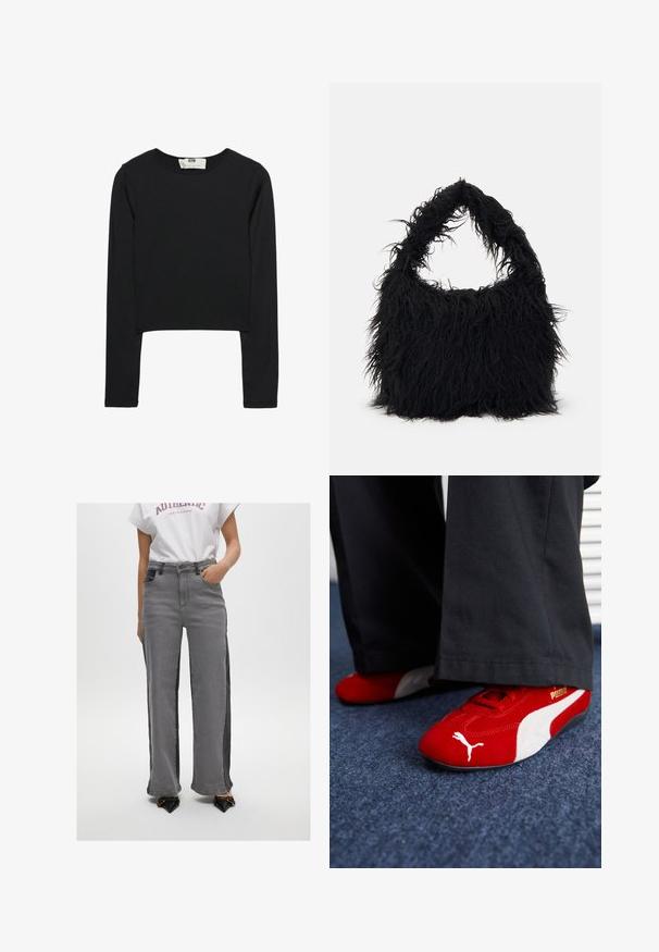 Černý crop top s dlouhými rukávy vyrobený z lehkého materiálu, s kulatým výstřihem a přiléhavým střihem, s čistými švy a bez ozdob.; Šedé široké džínsy s černými bočními panely, mají přední kapsy, zapínání na knoflík a rovný střih. Hladká denimová textura.; Červené semišové tenisky s bílými detaily, mají texturovaný materiál, kulatou špičku a zlaté logo na boku, nošené s černými kalhotami.; Even&Odd Velká kabelka - black