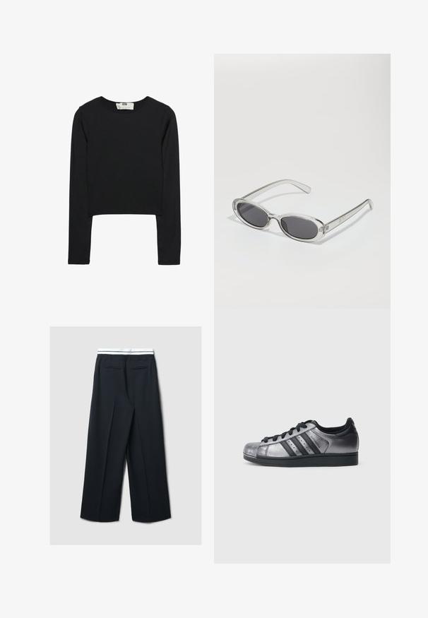 Schwarzes Langarm-Crop-Top aus leichtem Stoff, mit rundem Ausschnitt und taillierter Silhouette, sauberen Nähten und ohne Verzierungen.; Weite Hose aus dunkelblauem Stoff mit glatter Textur, ausgestattet mit einem weißen Gummibund und zwei Gesäßtaschen.; Schwarze und metallisch silberne Sneaker mit abgerundetem Zehenbereich, drei schwarzen Streifen und einer strukturierten Oberfläche. Schwarze Schnürsenkel und Gummisohle.; Sonnenbrille mit ovaler Form, klarem Kunststoffrahmen, dunkelgrauen Gläsern und dünnen transparenten Bügeln mit Logo-Akzenten und minimalen Details.