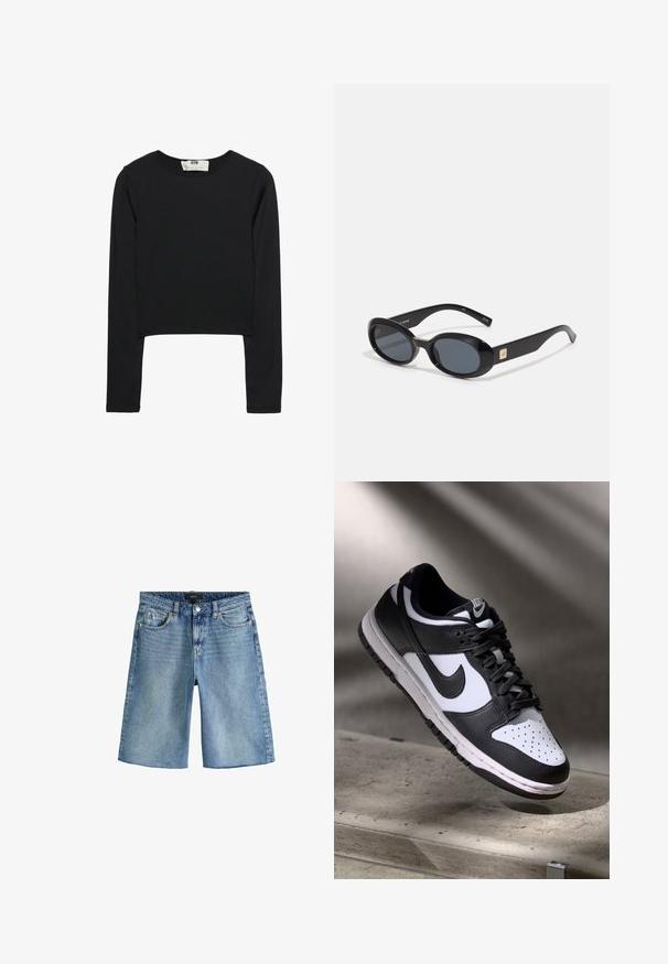 Sort langærmet crop top lavet af letvægts stof, med rund halsudskæring og tætsiddende silhuet, med rene sømme og ingen udsmykninger.; Next REGULAR FIT - Denimshorts - dark blue; Sorthvid Nike Dunk Low sneakers med læderoverdel, perforeret tåboks og sorte snørebånd, udstyret med en hvid sål og logo accenter.; Sorte ovale solbriller med mørke linser, glansfuld plastikramme, brede arme og en lille gul accent på den ene side.; Sort læderhåndtaske med flettede håndtag, lynlåslomme og hængende frynser. Tekstureret overflade med metalnitter og hardware-accenter.