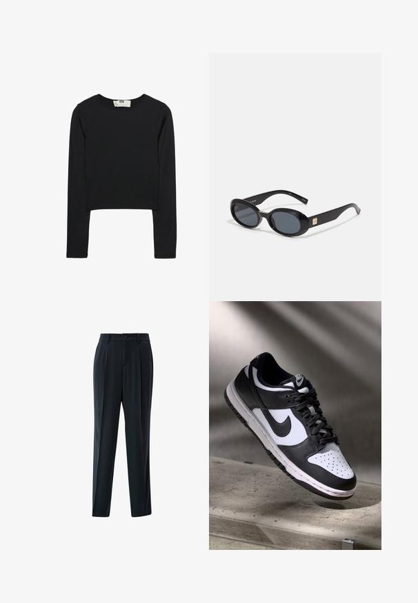 Zwarte lange mouw crop top van lichtgewicht stof, met een ronde halslijn en een aansluitende silhouet, met schone naden en zonder versieringen.; s.Oliver Relaxed fit jeans - dunkelgrau; Zwart-witte Nike Dunk Low sneaker met een leren bovenwerk, geperforeerde neus, en zwarte veters, met een witte zool en logo-accenten.; Zwarte ovale zonnebril met donkere lenzen, glanzend kunststof frame, brede zijkanten en een kleine gouden accent aan de zijkant.