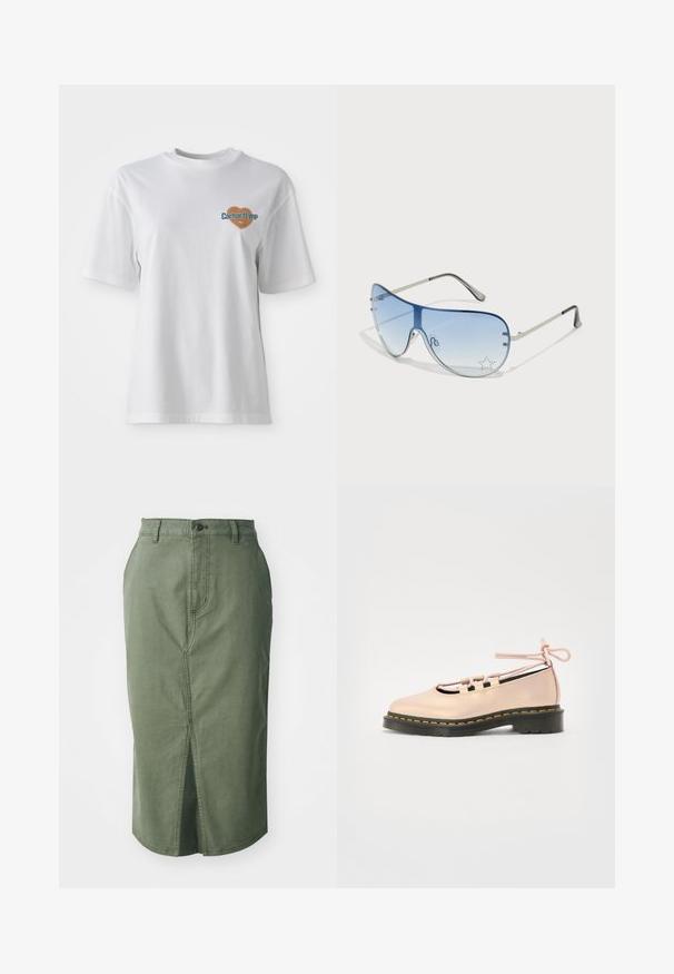 Carhartt WIP GROWTH - Apdrukāts T-krekls - white stone washed; Oliveza zaļa denim svārki ar vidēja garuma griezumu, priekšējo šķelšanos, tradicionālu jostas līniju ar pogu aizdari un izšuvumu detaļām gar šuvēm.; Bālgana rožaina ādas kurpe ar noapaļotu purngalu, izšūšanu ar auklām un melnu platformu, kuru akcentē dzeltena šuve.; Pilotstila saulesbrilles ar gradienta zilām lēcām, sudraba metāla rāmjiem un dekoratīvām zvaigžņu akcentiem uz lēcām. Gluda un eleganta dizaina.