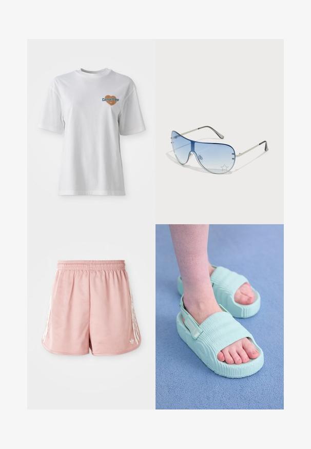 Carhartt WIP GROWTH - T-shirt estampada - white stone washed; Calções de desporto cor-de-rosa com uma cintura elástica, detalhes de uma faixa branca lateral e um pequeno logótipo na parte inferior esquerda da frente. Textura de tecido suave.; Sandálias azul claro com textura estriada, ponta aberta, fita ajustável e sola espessa, apresentando um material liso e flexível.; Óculos de sol aviador com lentes azuis em degradê, armação metálica prateada e detalhes decorativos de estrelas nas lentes. Design suave e elegante.