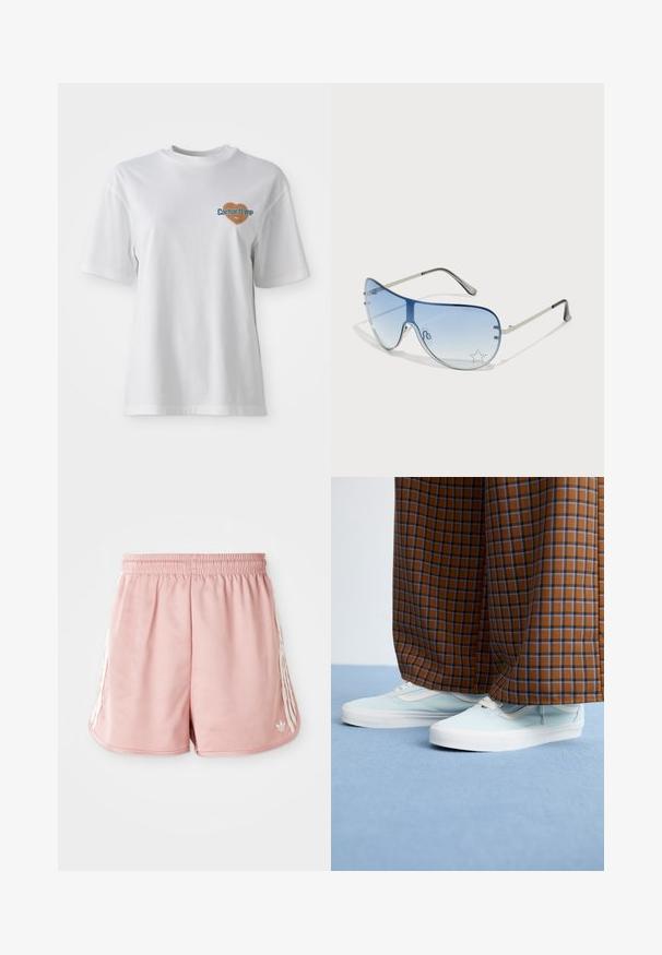 Carhartt WIP - T-shirt z nadrukiem; Różowe sportowe spodenki z elastycznym pasem, z białymi paskami po bokach oraz małym logo na dolnej lewej przedniej części. Gładka tekstura materiału.; Jasnoniebieskie sneakersy noszone z brązowo-niebieskimi spodniami w kratę o szerokich nogawkach na jasnoniebieskiej wykładzinie.; Okulary przeciwsłoneczne typu aviator z gradientowymi niebieskimi szkłami, srebrną metalową oprawą oraz dekoracyjnymi akcentami w kształcie gwiazdek na soczewkach. Gładki i elegancki design.