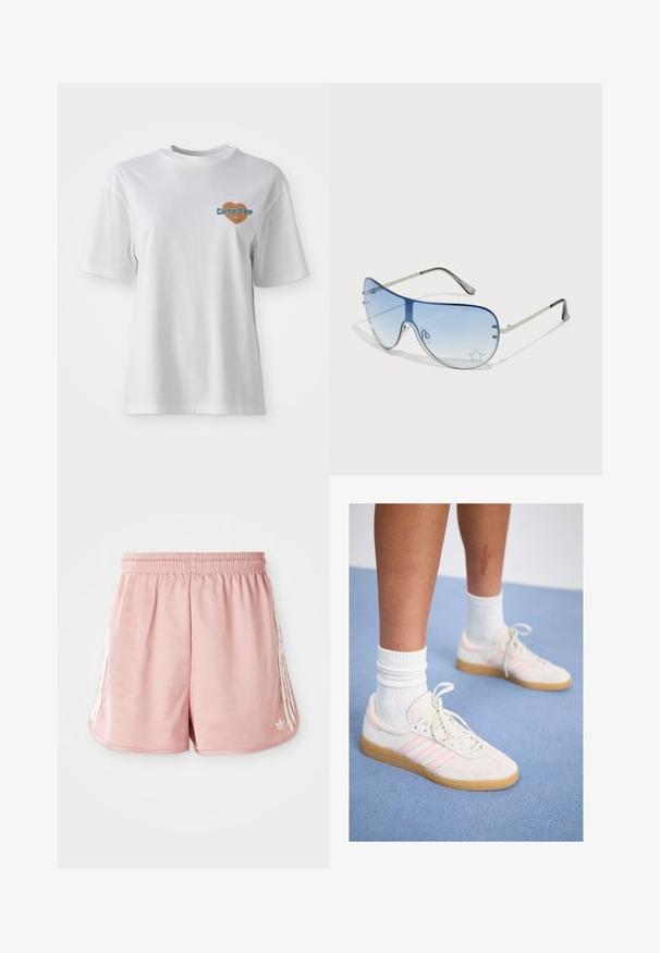 Carhartt WIP - T-shirt z nadrukiem; Różowe sportowe spodenki z elastycznym pasem, z białymi paskami po bokach oraz małym logo na dolnej lewej przedniej części. Gładka tekstura materiału.; Białe i różowe zamszowe trampki z trzema różowymi paskami, jasnobeżową gumową podeszwą i białymi prążkowanymi skarpetkami. Umieszczone na niebieskim dywanie.; Okulary przeciwsłoneczne typu aviator z gradientowymi niebieskimi szkłami, srebrną metalową oprawą oraz dekoracyjnymi akcentami w kształcie gwiazdek na soczewkach. Gładki i elegancki design.
