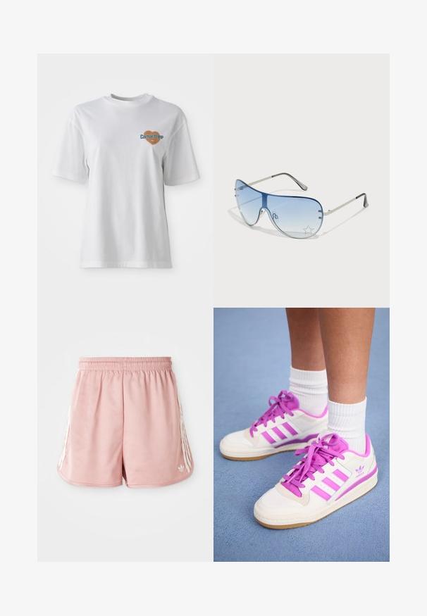 Carhartt WIP GROWTH - T-shirts med print - white stone washed; Rosa idrettsshorts med elastisk linning, hvit striping på siden og en liten logo nederst til venstre foran. Glatt stofftekstur.; Hvite sneakers med rosa detaljer og snøring, med tre horisontale rosa striper og såle i gummi. Bomullssokker er synlige over ankelen.; Pilotbriller med gradient blå linse, sølvfarget metallramme og dekorative stjerneaksenter på linsen. Glatt og stilren design.