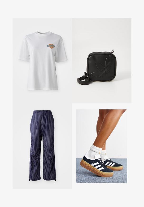 Carhartt WIP GROWTH - Majica kratkih rukava s printom - white stone washed; Nautičke karirane hlače širokog kroja, s remenom na vezanje, elastičnim manžetama i laganom teksturom tkanine. Sadrže male naglašene čvorove.; Crne tenisice od brušene kože s bijelim prugama i detaljima, okruglim vrhom, gumeni potplat boje gume, uparene s bijelim rebrastim čarapama.; Crna kvadratna torbica preko tijela napravljena od teksturiranog sintetičkog materijala. Ima urezani dizajn logotipa i podesivu traku. Zatvaranje na patentni zatvarač.