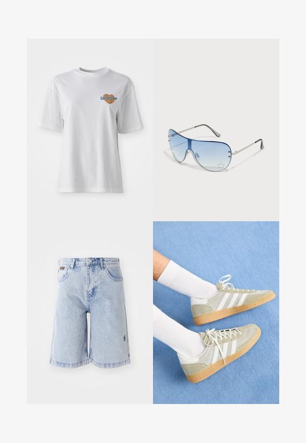 Carhartt WIP GROWTH - Trükipildiga T-särk - white stone washed; Soehe sinine teksashorts, millel on kõrge vöökoht, lõtv lõige ja ees taskud. Dekoratiivne õmblemine ja brändi logo tikand küljel.; Heledad hall suhkrutoed, valgete kummitootega, millel on kolm valget triipu ja pruun tall, kandsid valgete sokkidega sinisel taustal.; Aviatori prillid, millel on gradient sinine objektiiv, hõbedane metallraam ja dekoratiivsed staaraktsendid objektiivil. Sujuv ja stiilne disain.