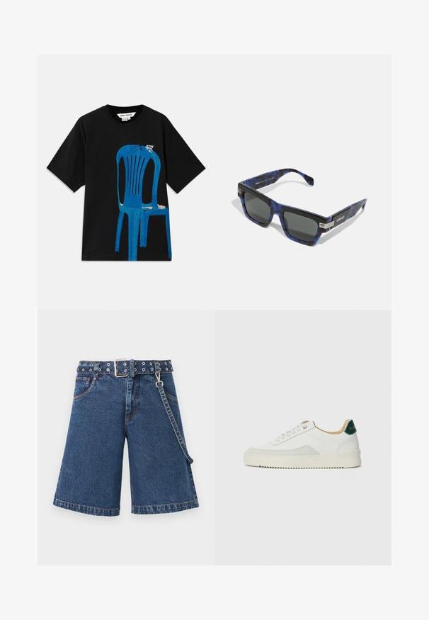 Čierne bavlnené tričko s modrým potlačeným dizajnom stoličky na prednej strane. Krátke rukávy a okrúhy výstrih. Jednoduchý text nad stoličkou.; Džínové šortky v tmavomodrej farbe, vo voľnom strihu s opaskom a kovovými očkami, dokončené kontrastným šitím a bočným reťazcom.; Biele tenisky s semišovými akcentmi, zaoblenou špičkou, plochými šnúrkami a krémovou gumovou podrážkou. Na päte sú zelené značky.; Versace Slnečné okuliare - havana blue/dark grey