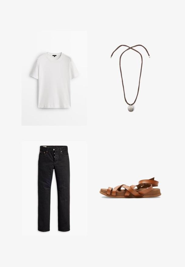 Bílá bavlněná trička s krátkým rukávem, klasickým výstřihem a volným střihem. Hladká textura a jednoduchý design, bez vzorů nebo akcentů.; Dlouhý rukáv košile ve světle šedé a bílé barvě, s vertikálními pruhy, límečkem a knoflíkovými manžetami. Vyrobena z texturované, lehké tkaniny.; Černé džíny z denimu se rovný střihem, designem s pěti kapsami a zapínáním na knoflík. Obsahují měděné nýty a švy jako akcenty.; Hnědé kožené sandály s křížovými popruhy, plochou podrážkou a mírně vyvýšeným podpatkem. Měkká textura a minimalistický design.; Náhrdelník s hnědou šňůrou a stříbrným oválným přívěskem. Přívěsek má hladký povrch a mírné prohloubení ve středu.