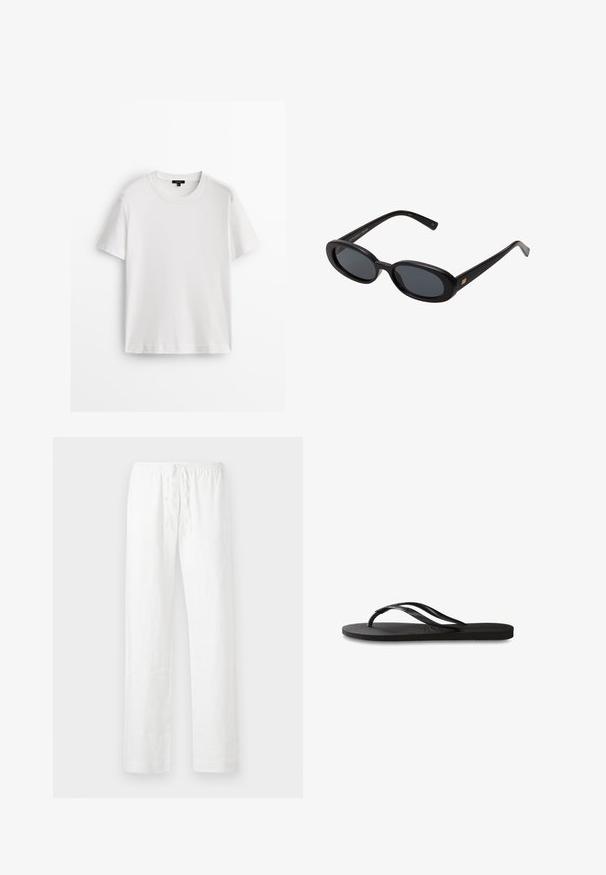 Hvid bomulds t-shirt med korte ærmer, rund halsudskæring og en afslappet pasform. Glat tekstur og enkelt design, ingen mønstre eller detaljer.; Langærmet skjorte i lysegrå og hvid, med vertikale striber, krave og knapmanchetter. Lavet af et struktureret, letvægtsstof.; Hvide linnedbukser med en afslappet pasform, elastisk snøre i taljen og lige ben; glat tekstur og let stof.; Sorte flip-flop med en tekstureret gummisål, to slanke stropper og et subtilt, præget logodetalje på stroppen.; Store store
