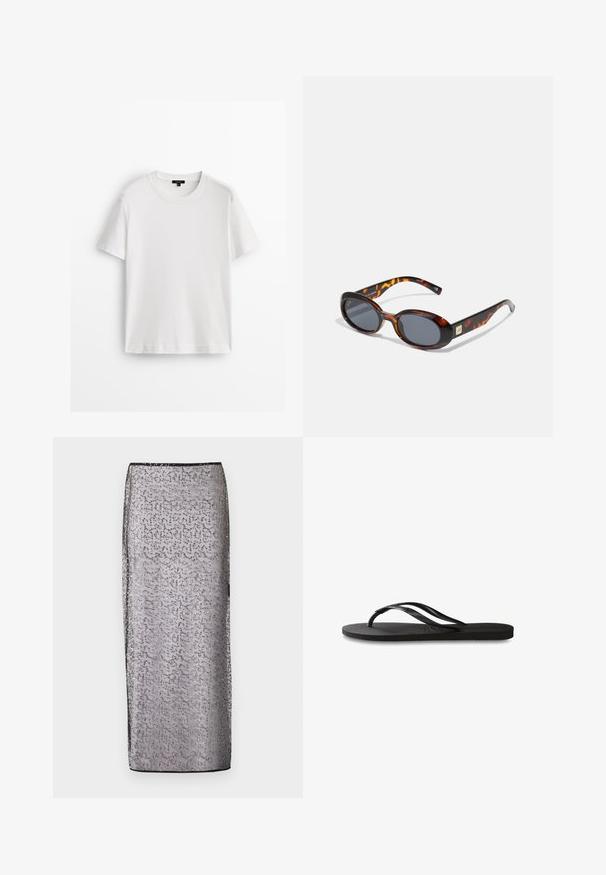 Weißes Baumwoll-T-Shirt mit kurzen Ärmeln, Rundhalsausschnitt und lockerer Passform. Glatte Textur und schlichtes Design, keine Muster oder Akzente.; Lange, eng anliegende Rock aus transparenter silberner Stoff mit dezentem Muster und funkelnden Akzenten. Verfügt über einen schwarzen Bund und Saum.; Schwarze Flip-Flops mit einer strukturierten Gummisohle, zwei schlanken Riemen und einem dezenten, geprägten Logo-Detail auf dem Riemen.; Braune Schildpatt-Sonnenbrille mit ovalen Gläsern und dunkelgrauem Verlauf. Mit einem goldfarbenen Akzent an den Bügeln. Glatte Kunststoffoberfläche.
