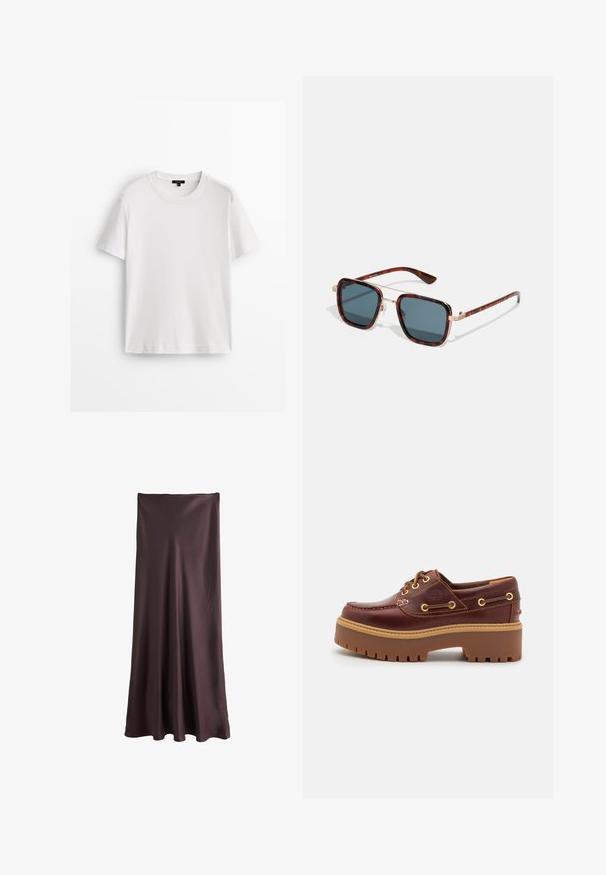 Hvid bomulds t-shirt med korte ærmer, rund halsudskæring og en afslappet pasform. Glat tekstur og enkelt design, ingen mønstre eller detaljer.; Brun, gulvlængde nederdel lavet af glat, letvægtsstof. Har et enkelt, flydende design uden synlige mønstre eller detaljer.; Brune læder bådsko med en kraftig brun gummisål, gyldne snørehuller og kontraststing. Har et logo på siden.; Skildpaddemønster solbriller med mørke grå glas, firkantet form, guldmetal detaljer og slanke stænger med karakteristisk stribet dekoration.