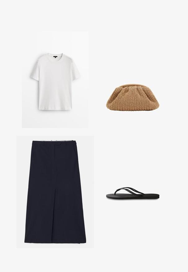 T-shirt en coton blanc à manches courtes, col rond et coupe décontractée. Texture lisse et design simple, sans motifs ni accents.; DESIGNERS REMIX SCOTT LONG SKIRT - Jupe longue - navy; Tongs noires avec une semelle en caoutchouc texturée, deux fines lanières et un détail de logo embossé subtil sur la lanière.; Sac à main beige en tricot avec un design froncé et une forme arrondie, doté d'une finition en tissu texturé et d'une ouverture supérieure douce.