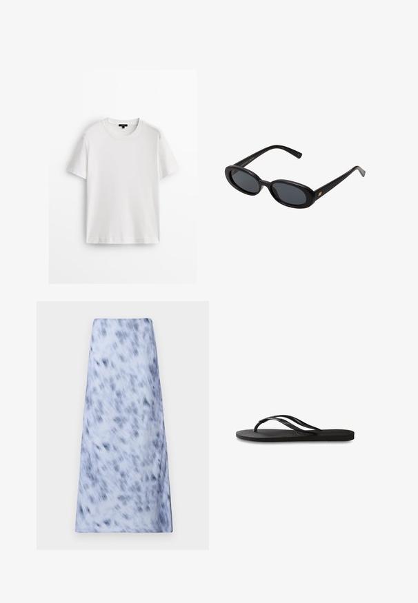 Witte katoen t-shirt met korte mouwen, ronde hals en een ontspannen pasvorm. Glad materiaal en eenvoudig ontwerp, zonder patronen of accenten.; Een lange, lichtblauwe rok met een vervaagd, donkerblauw patroon. De stof lijkt zacht met een gladde textuur en een eenvoudig ontwerp.; Zwarte flip-flop met een gestructureerde rubberen zool, twee slanke banden en een subtiele, ingedrukte logo-detail op de band.; Zwarte oversized zonnebril met ovale lenzen, een glad plastic montuur en gouden accenten op de pootjes. Donkere lenzen bieden bescherming tegen de zon.; Donkerblauwe leren schoudertas met afneembare schouderband, zilveren sluitingen en subtiele verticale logo-detalering in het midden vooraan.