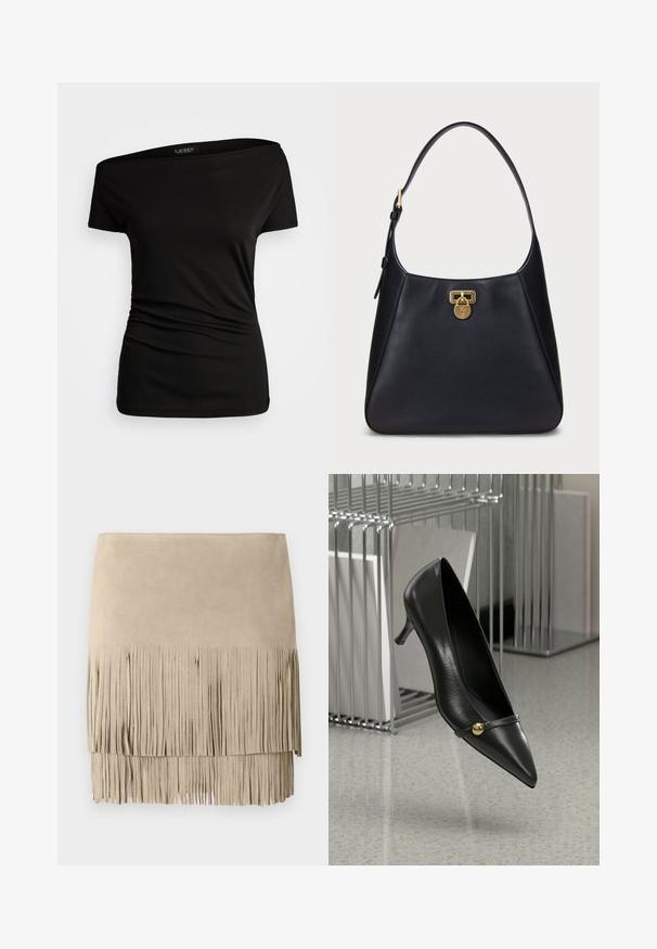 Sort off-the-shoulder top lavet af glat stof. Har korte ærmer, en tætsiddende pasform og rynker på den ene side for ekstra detalje.; Beige ruskinds mini skirt med frynser i bunden. Glat tekstur med ensartede frynselængder langs bunden. Klassisk design.; Sort læder høje hæle med spids tå, der har en tynd rem og guldaccent. Skinnende finish, delikat hæl og elegant design.; Sort læder skuldertaske med et buet design, der har en guld lås og en rund rem. Glat tekstur med minimale detaljer.