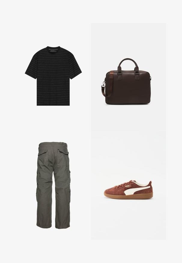 Fekete, rövid ujjú póló, vékony fehér vízszintes csíkokkal. Puha anyagból készült, kerek nyakkivágással és laza fazonnal.; Olíva zöld cargo nadrág, több oldalsó zsebbel, laza szabással és állítható mandzsettákkal a biztonságos illeszkedés érdekében. Tartós pamut anyag.; Sötétbarna velúr sportcipők fehér bőr kiegészítőkkel, kerek orral, fűzős kialakítással és világosbarna gumitalppal. Márka logó az oldalon és a nyelven.; Barna bőr laptop táska texturált felülettel, dupla felső fogantyúval, állítható pánttal és két elülső csattal a részletek fokozásáért.