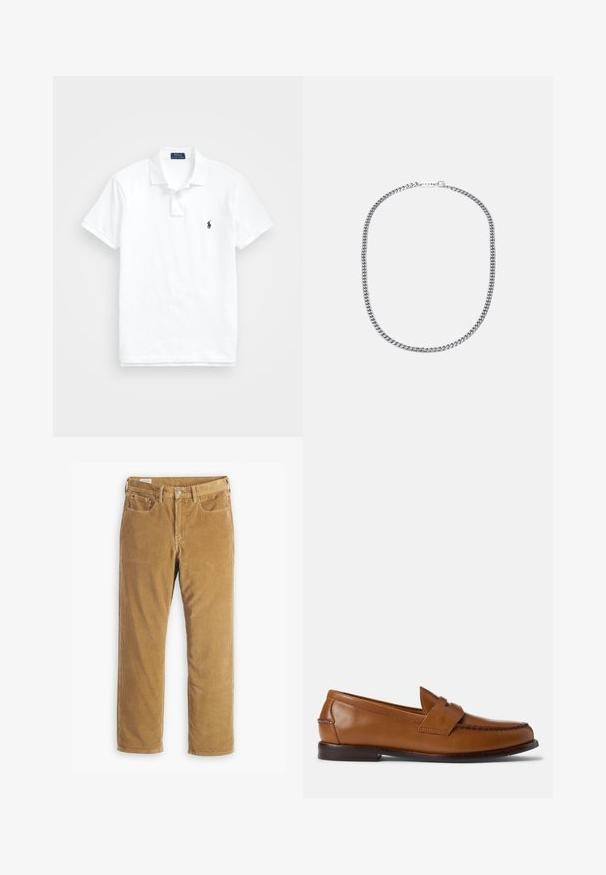Valkoinen polo-paita, joka on valmistettu puuvillasta. Siinä on klassinen kaulus, kolme nappia, lyhyet hihat ja pieni tummansininen logo rinnassa.; Levi's® 568® LOOSE STRAIGHT - Loose fit -farkut - ermine; Ruske nahkasaappaat litteällä pohjalla, pyöristetyllä kengänvarrella ja koristeellisella ompeleella. Sisältää ommellun yksityiskohdan päältä ja sileän pinnan.; Hopeaketjuna valmistettu hopeanvärisestä metallista, joka sisältää paksuja, toisiinsa kytkeytyviä lenkkejä, kiillotettua pintaa ja pienen klipsin, jossa on brändityyli.