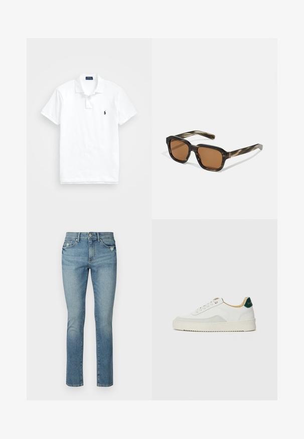 White polo shirt made of cotton. Features a classic collar, three-button placket, short sleeves, and a small navy logo on the chest.; Light blue denim jeans with a straight fit, five-pocket design, and subtle fading at the thighs. Features a standard waistband and button closure.; White sneaker with suede accents, rounded toe, flat laces, and a cream rubber sole. Features green branding on the heel.; Plastic sunglasses with a tortoiseshell pattern, octagonal brown lenses, and thin gold hardware accents on the frame.