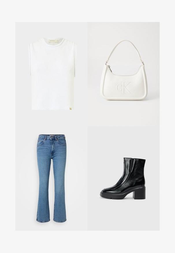 Λευκή αμάνικη πλεκτή μπλούζα με στρογγυλή λαιμόκοψη, ραμμένη βάση και λεπτομέρειες ραφής στο πλάι; διαθέτει μια μικρή ετικέτα με λογότυπο στο κάτω μέρος.; Ανοιχτό μπλε τζιν με ίσιο γόνατο από τζιν ύφασμα. Ψηλόμεσο σχέδιο με φερμουάρ, πέντε τσέπες και διακριτικό ξεθώριασμα κατά μήκος των μηρών.; Μαύρες πατενταρισμένες δερμάτινες μπότες στον αστράγαλο με καμπυλωτή μύτη, ελαστικές πλαϊνές πινακίδες και χοντρό μπλοκ τακούνι. Διαθέτουν ανάγλυφο λογότυπο στο πίσω μέρος.; Λευκή δερμάτινη τσάντα χειρός με καμπυλωτό σχήμα, διαθέτει ανάγλυφο λογότυπο "CK" μπροστά και μία ενιαία λαβή ώμου. Κλείσιμο με φερμουάρ στην κορυφή.